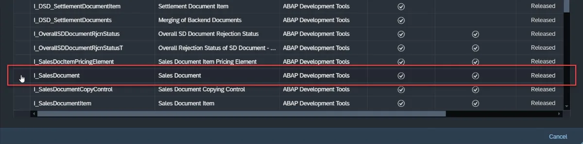 Figure 9 - Selecting I_SalesDocument as the primary data source for the new custom CDS view.