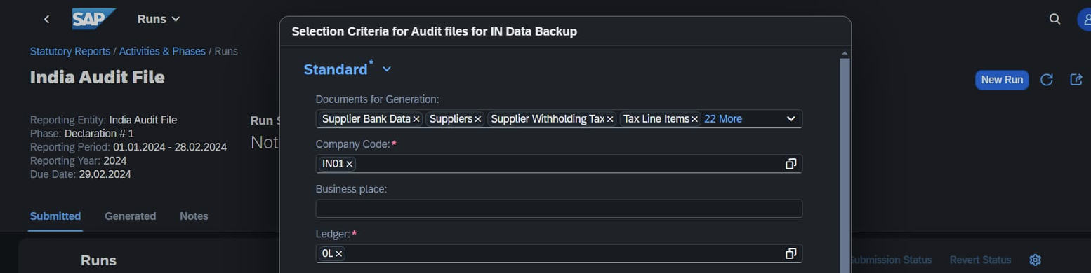 Figure 7 - Selection criteria for a short run of the India audit files: company code, ledger, and date range.
